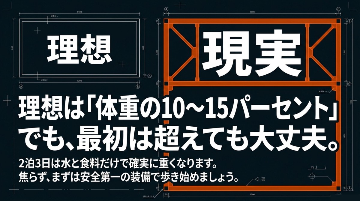 理想は「体重の10~15パーセント」。最初は超えても大丈夫。 [cite: 15, 16]
