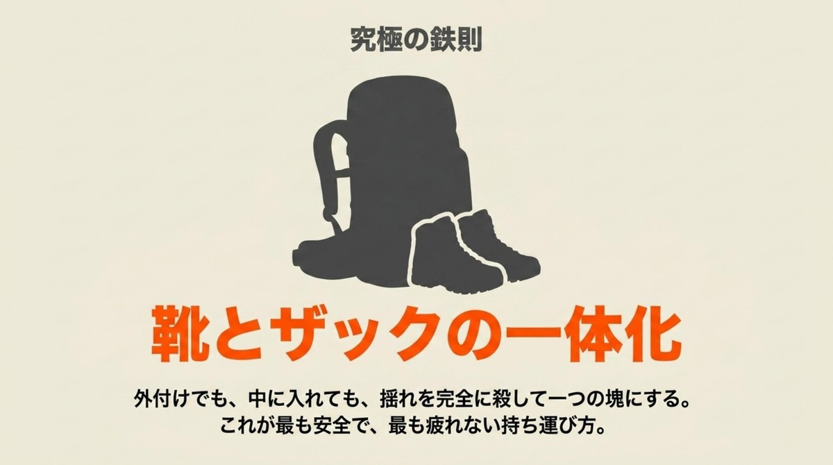 外付けでも中に入れても揺れを完全に殺して靴とザックを一つの塊にするのが最も安全で疲れない持ち運び方であるという究極の鉄則 [cite: 54, 55, 56]