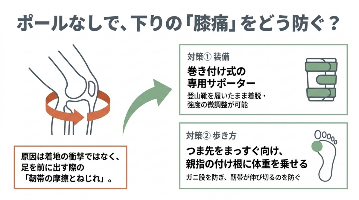 サポーターや歩き方など、下りの膝痛を防ぐ対策図解 [cite: 25, 26, 31]