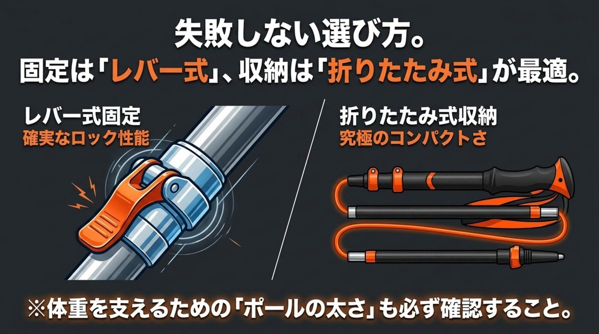失敗しない選び方:レバー式と折りたたみ式 確実なロック性能のレバー式固定とコンパクトな折りたたみ式収納の解説
