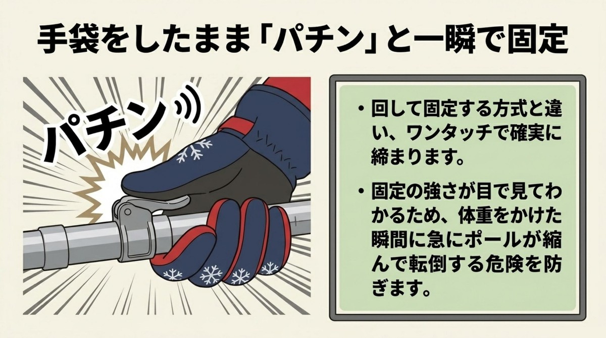 手袋をしたまま「パチン」と一瞬で確実に固定できる仕組み [cite: 17, 19, 20]