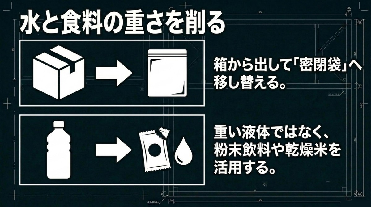 水と食料の重さを削る。箱から出して密閉袋へ移し替える。粉末飲料や乾燥米を活用する。 [cite: 84, 86, 87]