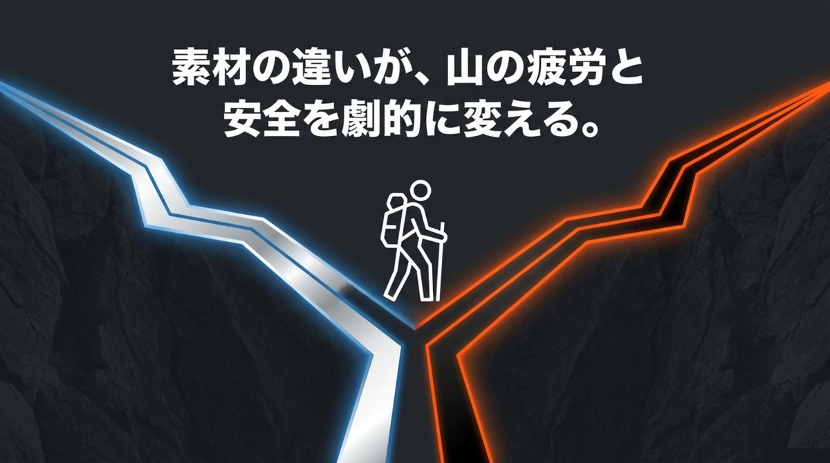 素材の違いが疲労と安全を変える 素材の違いが山の疲労と安全を劇的に変えることを示すアイコン