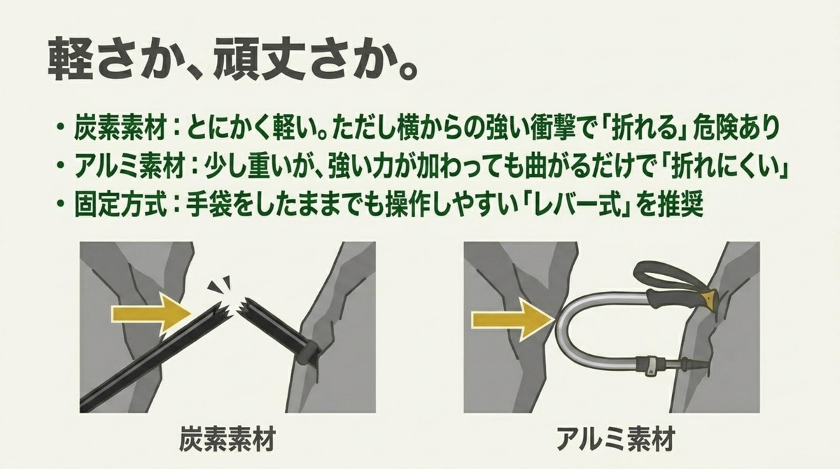 強い衝撃で折れる炭素素材と曲がるアルミ素材の違い