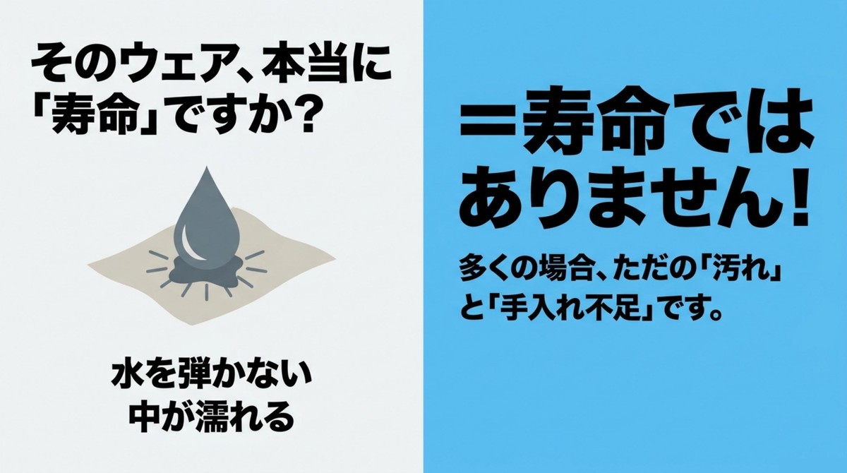 水を弾かない、中が濡れるのは寿命ではなく汚れと手入れ不足という説明