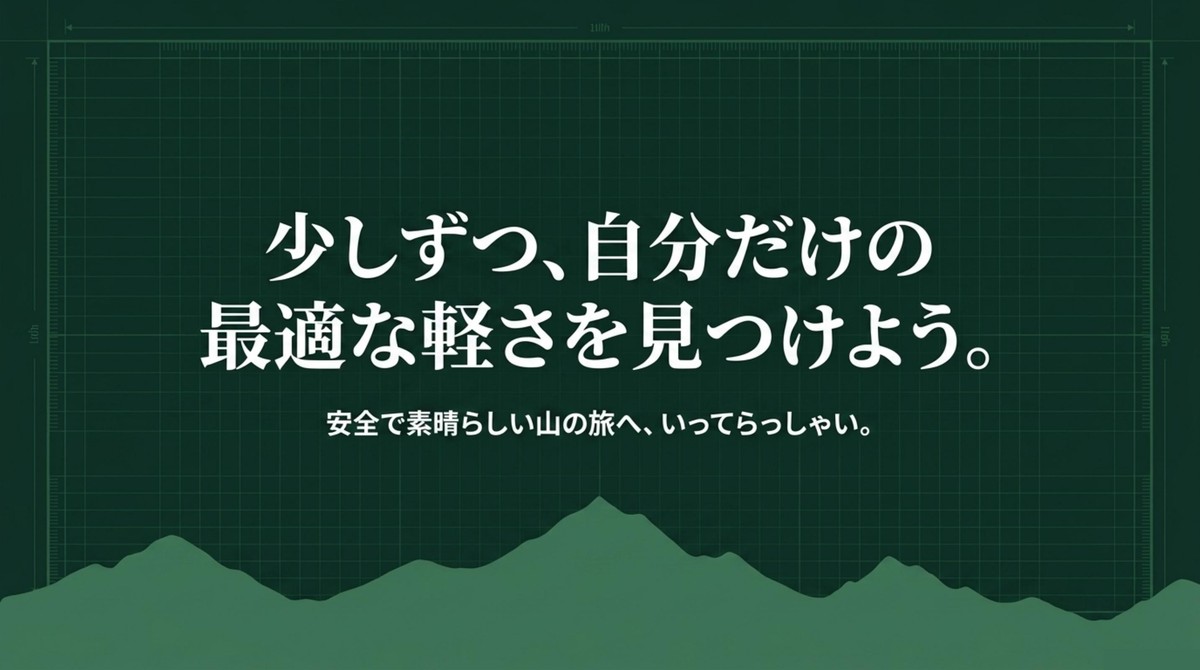 少しずつ、自分だけの最適な軽さを見つけよう。安全で素晴らしい山の旅へ、いってらっしゃい。 [cite: 133, 134]