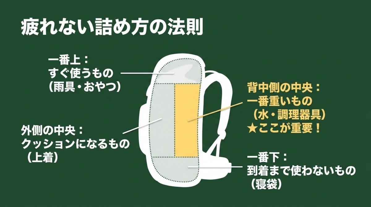 疲れない!詰め方の4つの法則 ザックの内部を一番上、外側の中央、背中側の中央、一番下の4層に分けたパッキング図解