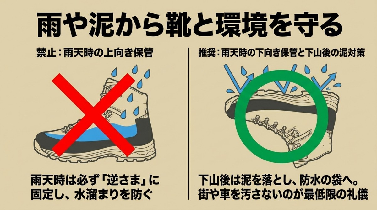 雨天時は水溜まりを防ぐため必ず靴を逆さまに固定し、下山後は泥を落として防水袋に入れる推奨策 [cite: 48, 50, 51, 52]