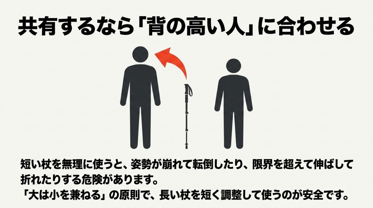 共有するなら「背の高い人」に合わせよう トレッキングポールを共有する際は背の高い人に合わせる原則