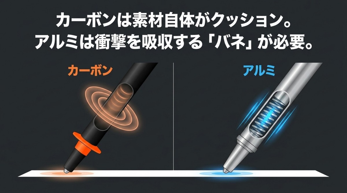 カーボンのクッション性とアルミのバネ機構 素材自体がクッションになるカーボンとバネ機構が必要なアルミの違い