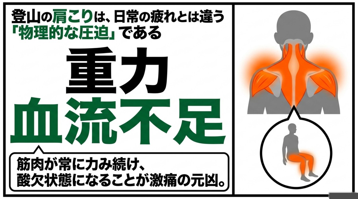 なぜ痛い?登山の肩こりの根本原因 登山の肩こりは日常の疲れとは違う物理的な圧迫である