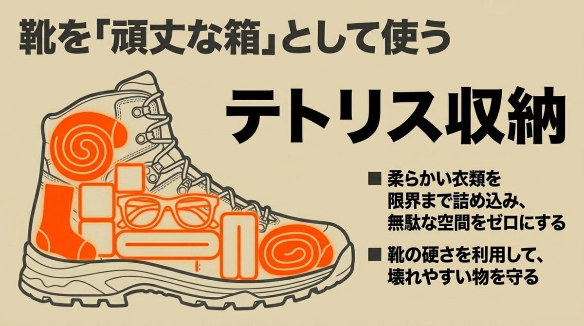 靴の中に柔らかい衣類を限界まで詰め込んで空間をなくし、靴の硬さを利用して壊れやすい物を守るテトリス収納 [cite: 34, 35, 36, 37, 38, 39, 40]