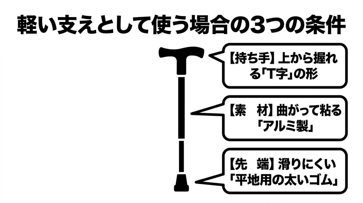 軽い支えとして使うための3条件：T字型グリップ、アルミ製、平地用の太いゴム