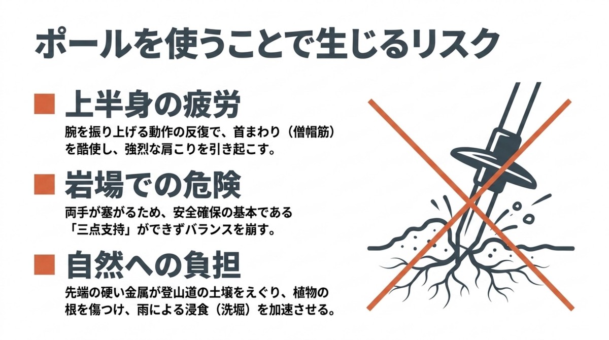上半身の疲労や岩場での危険など、ポールを使うことで生じるリスクの解説 [cite: 16, 17, 19]