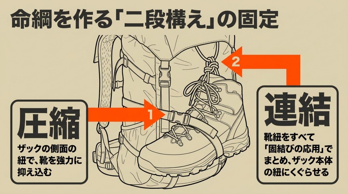 ザック側面の紐で強力に抑え込む圧縮と、靴紐をザック本体の紐にくぐらせてまとめる連結の二段構えの固定方法 [cite: 17, 18, 19, 20, 21, 24, 25, 26]