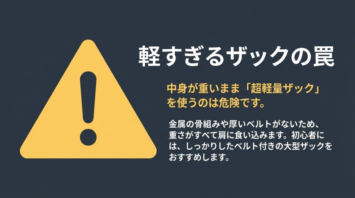 要注意!軽すぎるザックの罠 警告マークとともに、中身が重いまま超軽量ザックを使う危険性を訴える図解