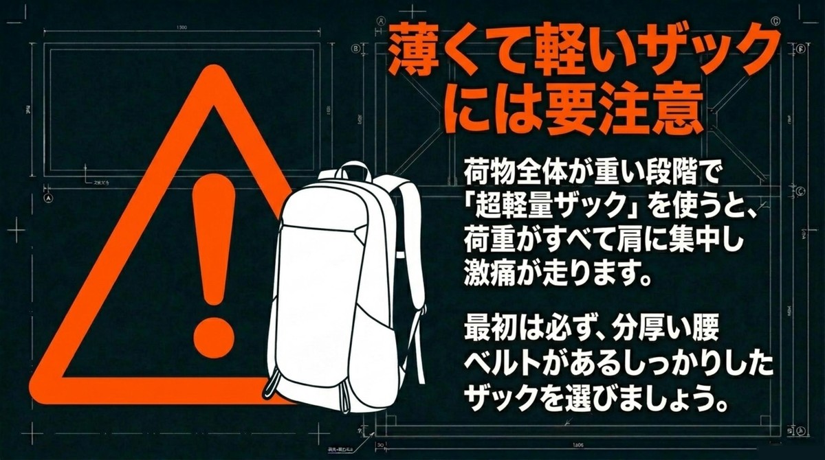 薄くて軽いザックには要注意。荷物全体が重い段階で超軽量ザックを使うと、荷重がすべて肩に集中し激痛が走ります。 [cite: 107, 108, 109, 110, 111]
