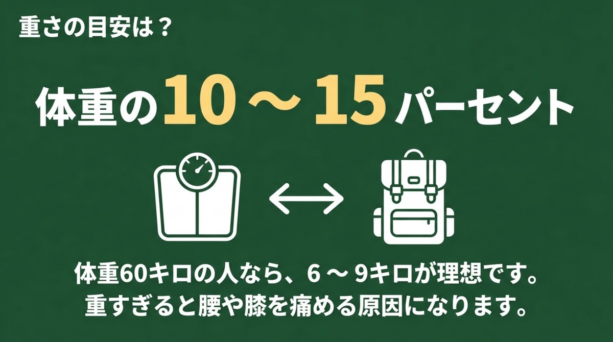 重さの目安は?体重の10〜15%が理想 体重計のアイコンと体重の10から15パーセントを理想とする目安の図解