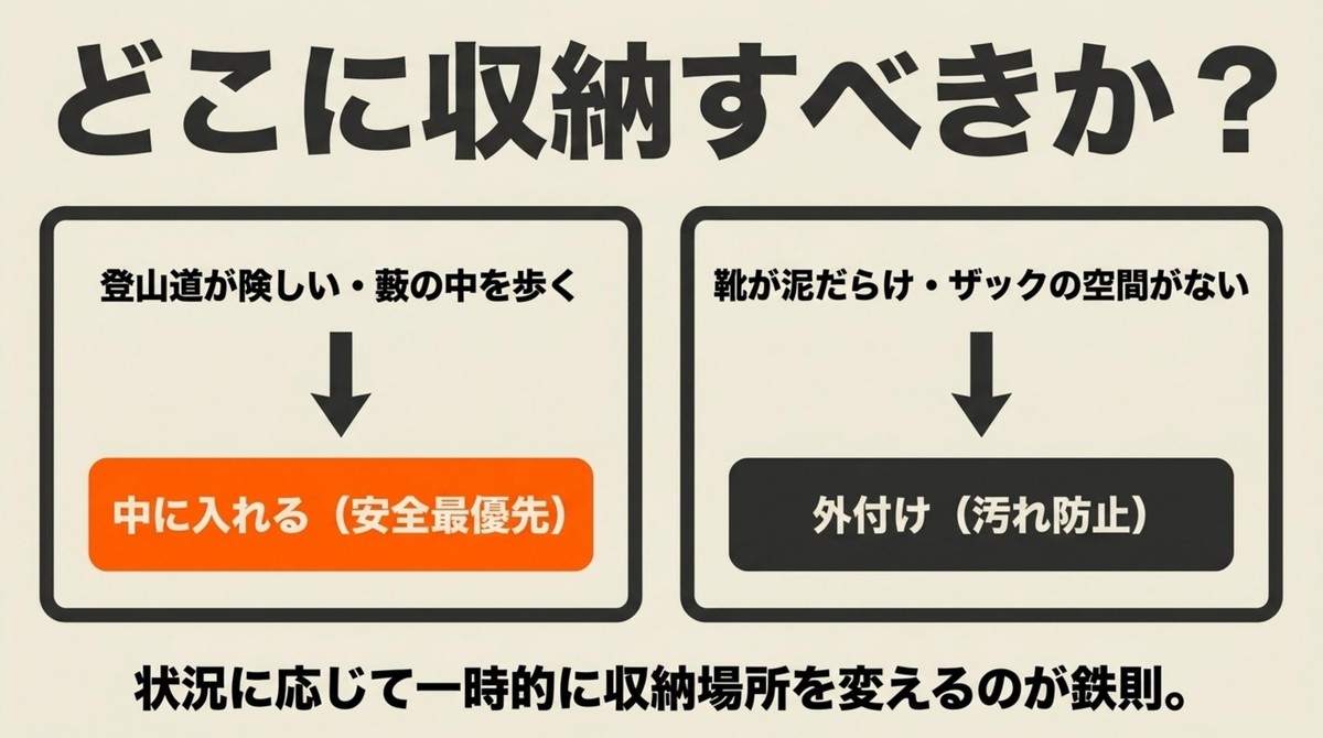 登山道や状況に応じて靴をザックの中に入れるか外付けするか収納場所を一時的に変える鉄則 [cite: 10, 11, 13, 14, 15]