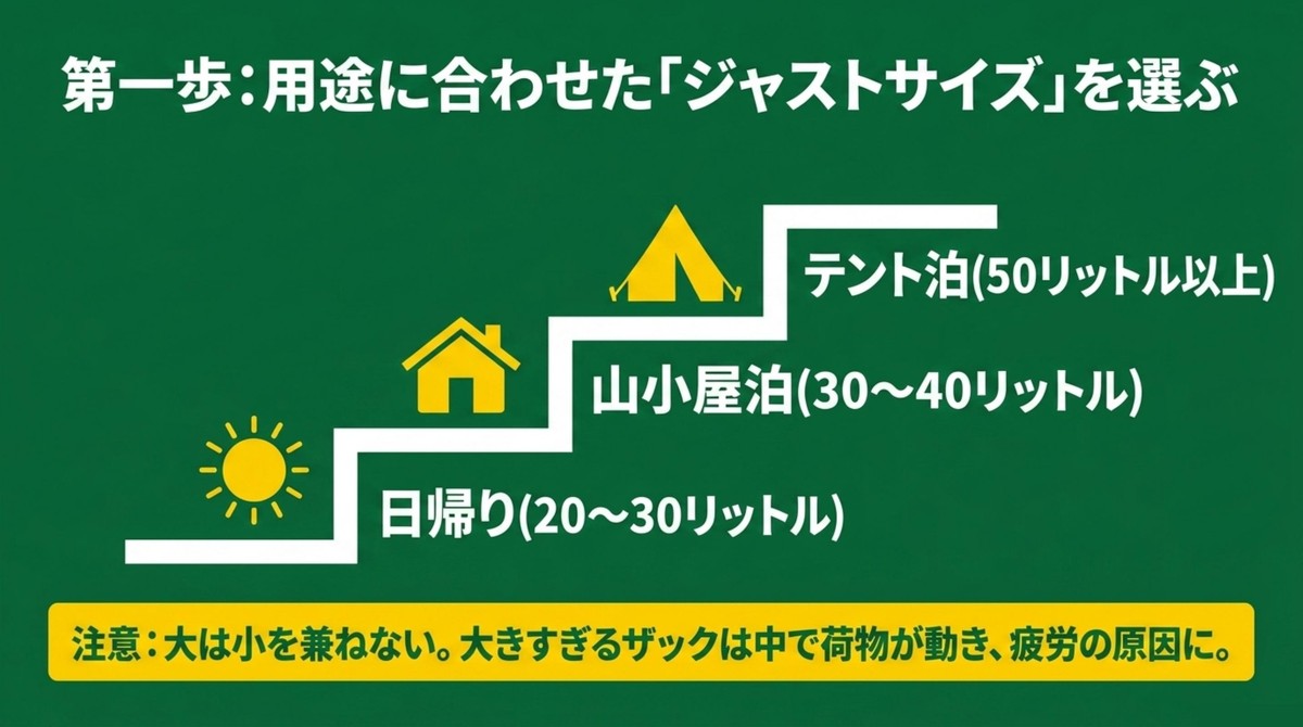 日帰り、山小屋泊、テント泊など用途に合わせたジャストサイズの選び方