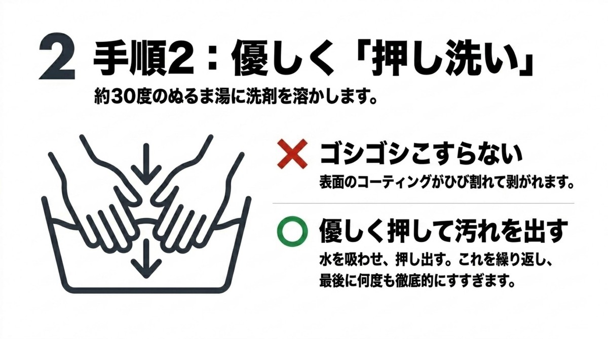 生地を傷めない!お湯を使った優しい押し洗いのコツ 優しく押し洗いする手順