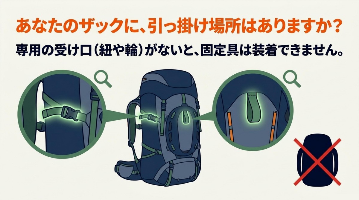 ザックとホルダーの互換性チェック ザックの引っ掛け場所の有無を確認するイラスト