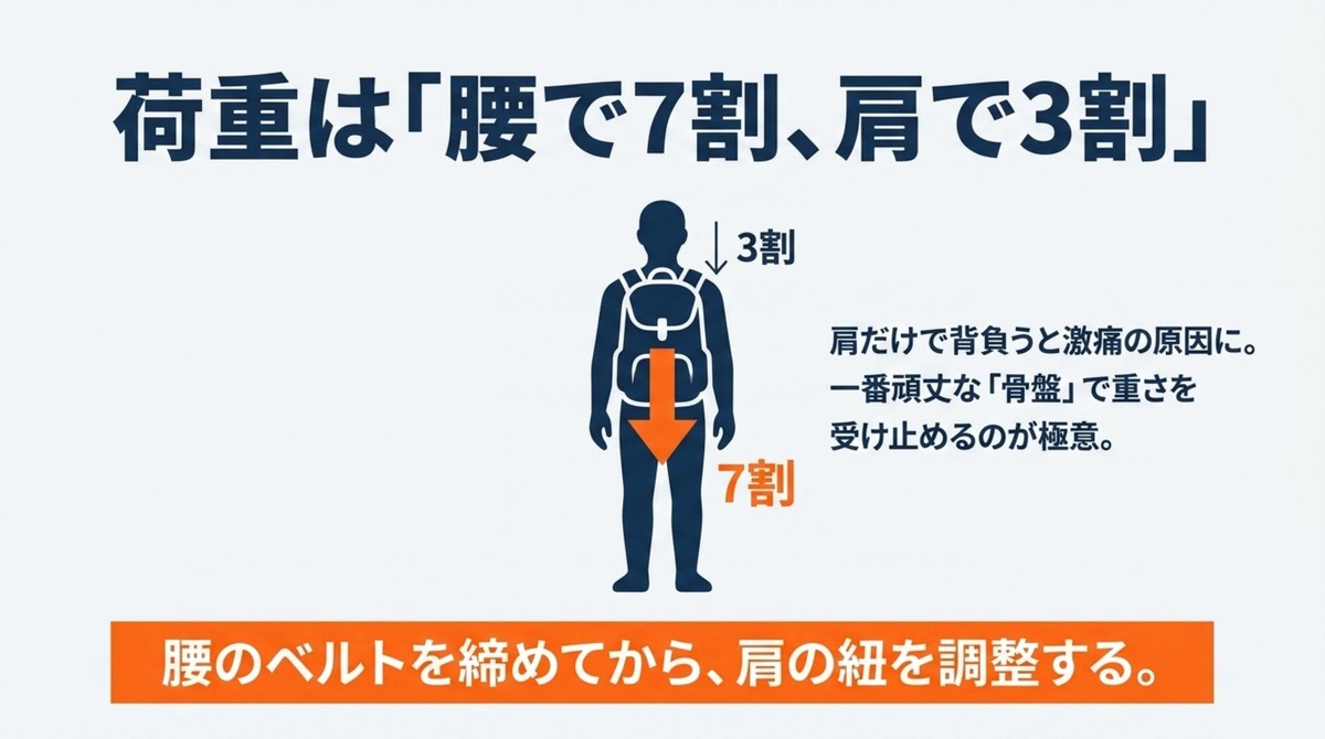 登山ザックの荷重を腰で7割、肩で3割支える正しい背負い方を示した図