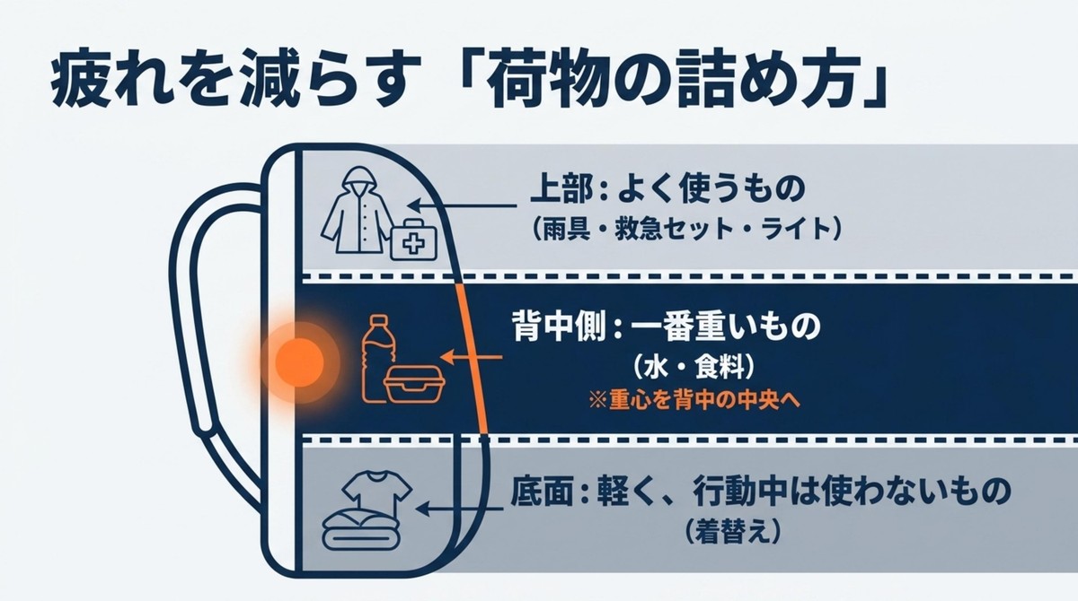 ザック内で上部に雨具、背中側に水や食料、底面に着替えを入れる荷物の詰め方を示した図
