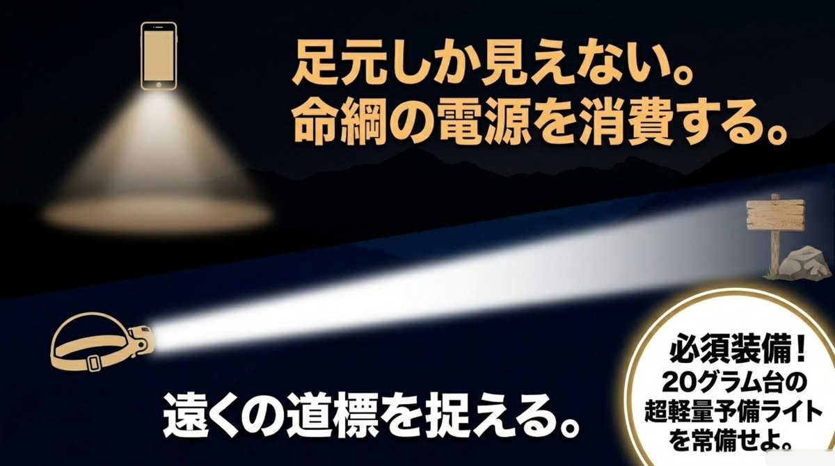 もしもの備え!命綱となる予備ライトの常備 超軽量予備ライトを常備する重要性を解説するスライド