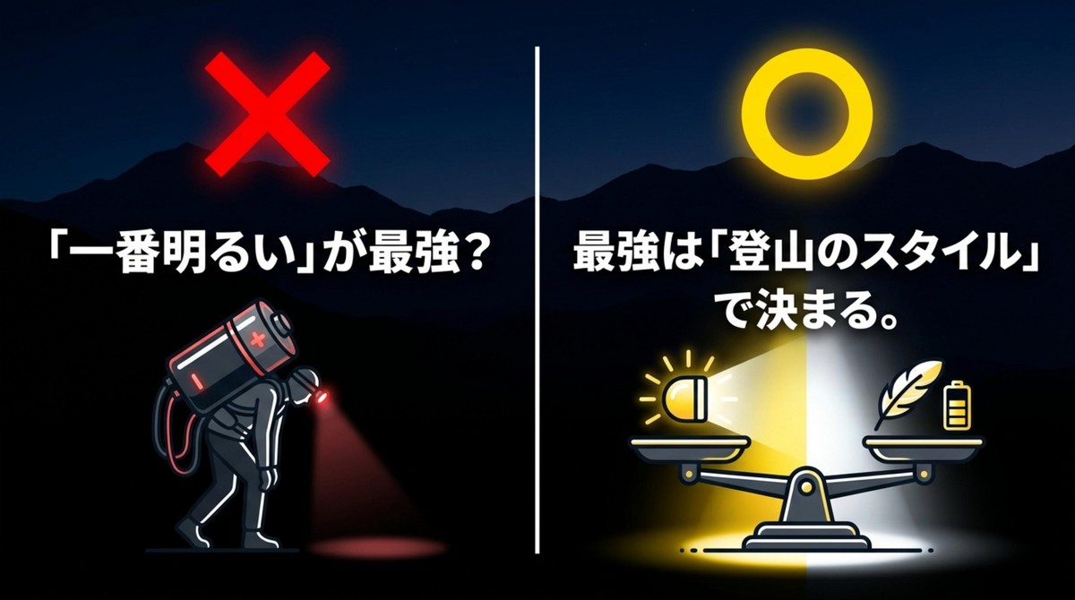 「一番明るい」が最強?登山スタイルで決まるバランス 明るさと軽さのバランスを天秤で表現したイラスト