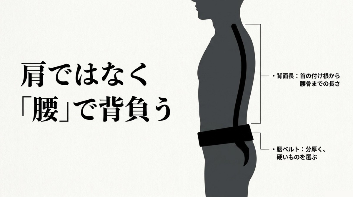 肩ではなく「腰」で背負う 肩ではなく腰で背負うための背面長と腰ベルトの重要性
