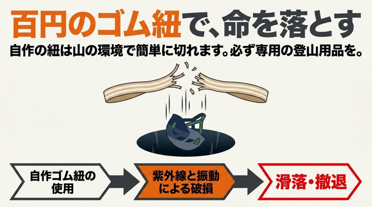 100均ゴム紐での自作が命取りになる理由 自作のゴム紐が切れてヘルメットが落下する危険性を示すイラスト