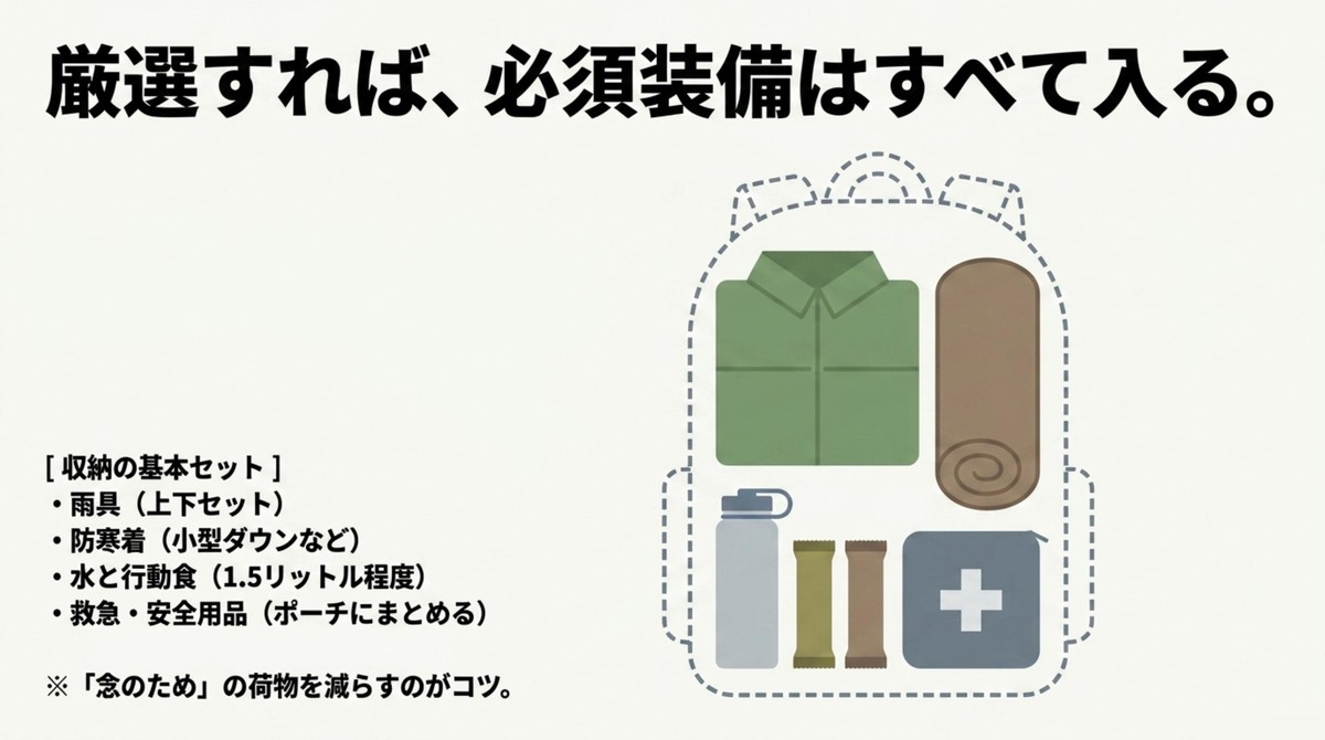 雨具、防寒着、水、救急用品などの15Lザック向け基本収納リスト