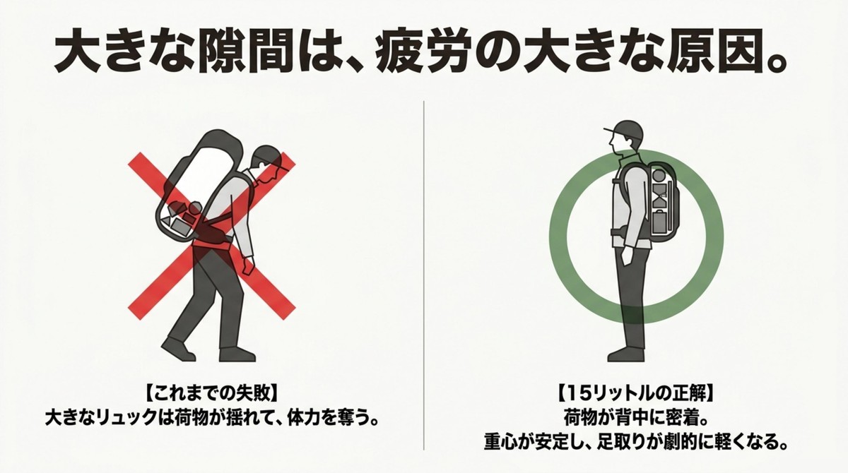 大きなリュックと体に密着する15リットルザックのパッキング比較イラスト