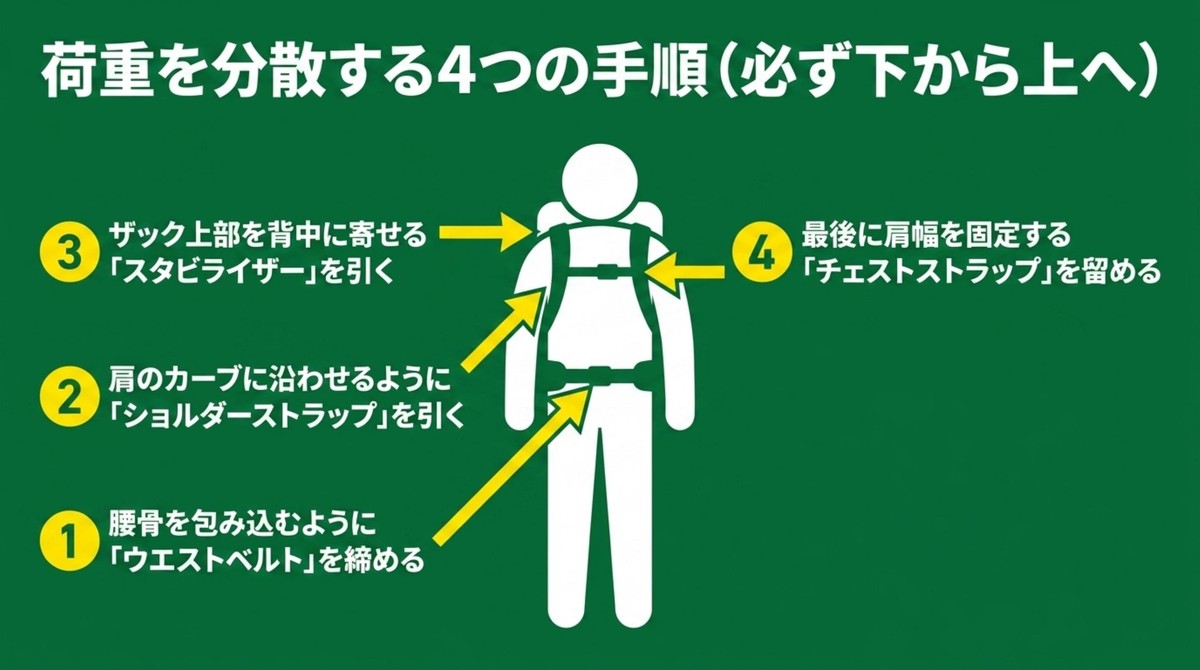 ウエストベルト、ショルダーストラップ、スタビライザー、チェストストラップを締める4つの手順