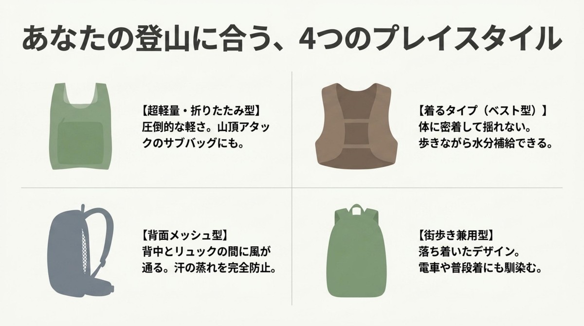 超軽量型、ベスト型、背面メッシュ型、街歩き兼用型の4つのリュックスタイルイラスト