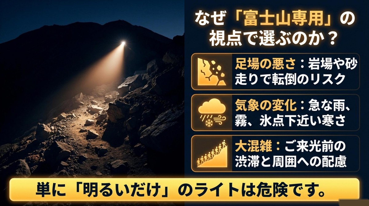 富士山専用の視点で選ぶべき理由 夜の岩場をヘッドライトで照らし、足場の悪さや天候変化、混雑など富士登山特有のリスクを整理したスライド