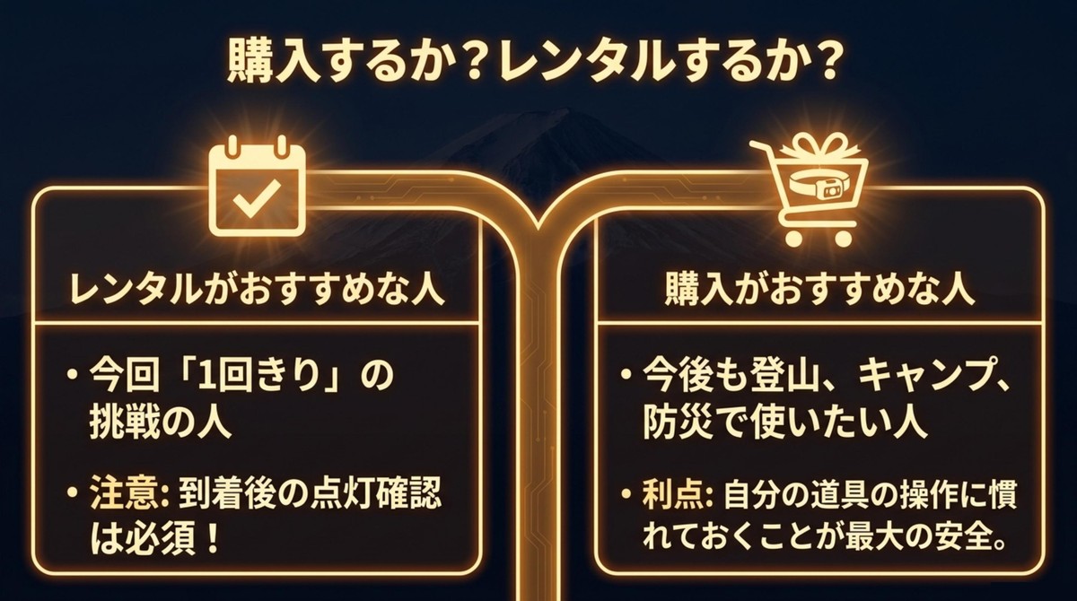 レンタルか購入かは今後の使い道で決める 富士登山のヘッドライトをレンタルする人と購入する人の違いを、今回限りか今後も使うかで比較したスライド