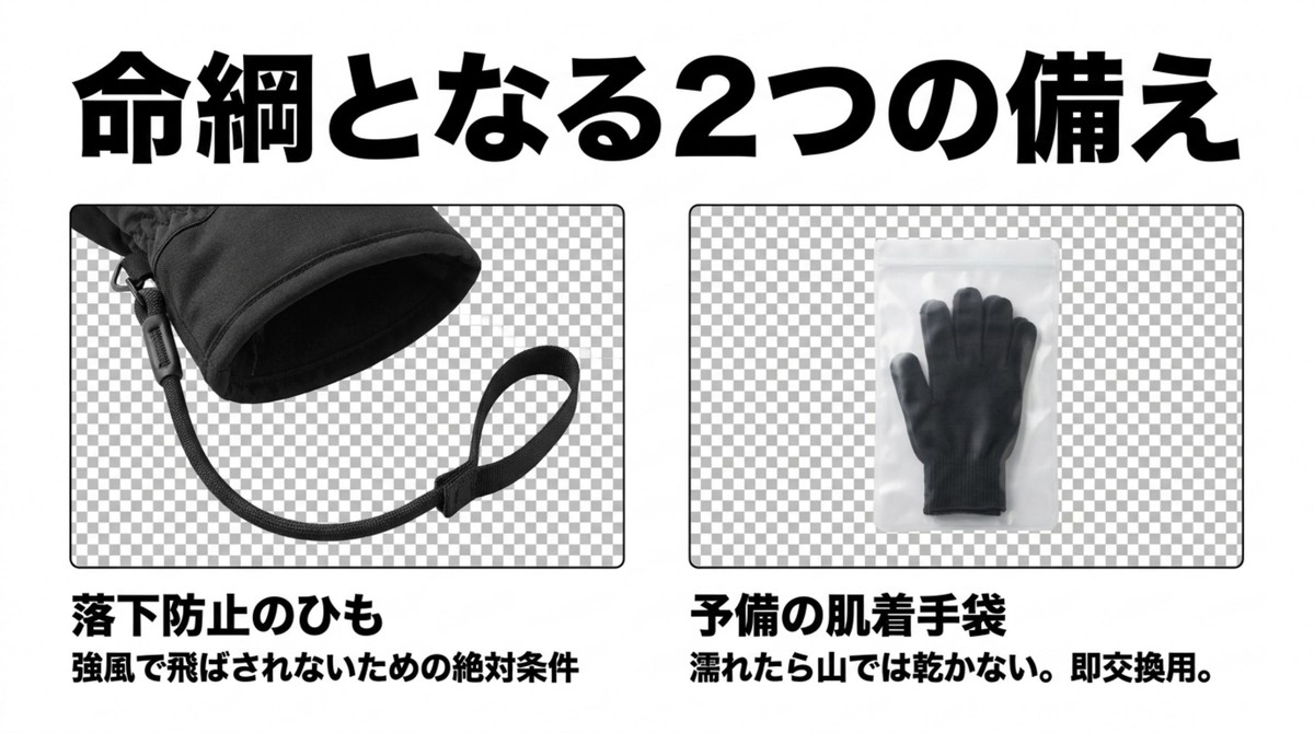 冬山で効くリーシュと予備グローブの備え 冬山で命綱となるグローブリーシュと予備インナーグローブを示すスライド