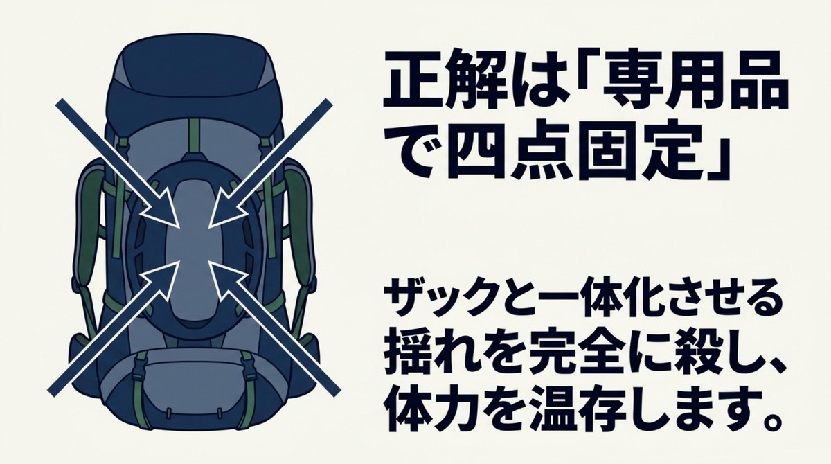 専用ホルダーによる四点固定が正解 ヘルメットホルダーを用いた四点固定による安定性を示すイラスト