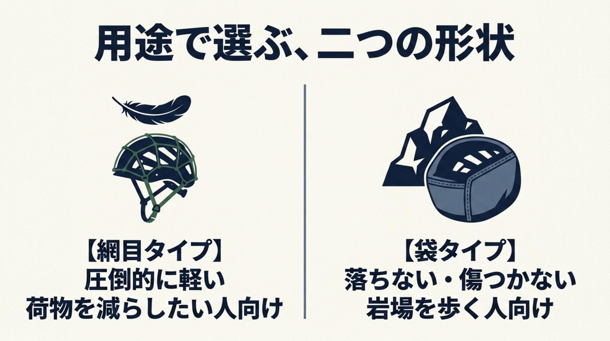 用途で選ぶ!シート型と袋型の違い 網目タイプのシート型と袋型ヘルメットホルダーの比較イラスト