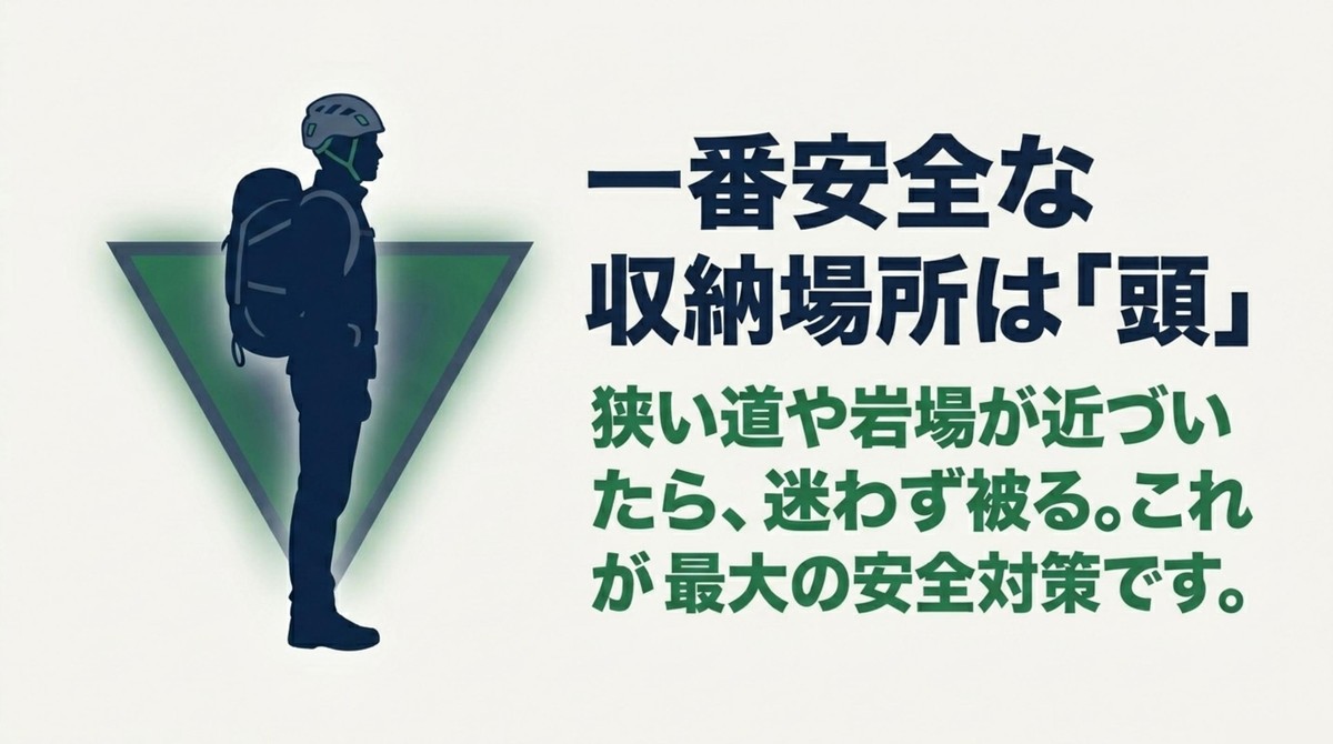 最強の収納場所は「頭」に被ること ヘルメットを頭に被ることが一番安全な収納場所であることを示すイラスト