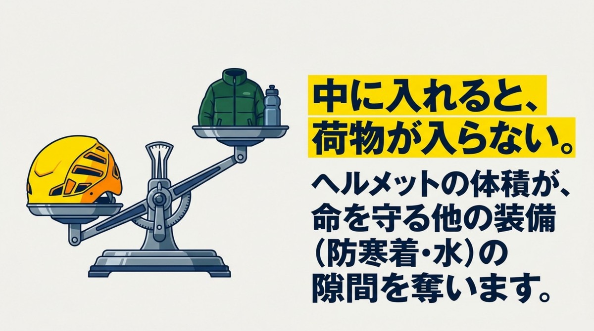 ヘルメットがザックの容量を圧迫する理由 ヘルメットをザック内部に収納した際の容量不足を示す天秤のイラスト