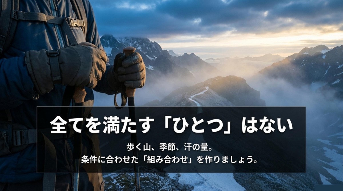 全てを満たす一双ではなく組み合わせで考える 登山用防水グローブは歩く山や季節や汗の量に合わせて組み合わせることが大切とまとめるスライド