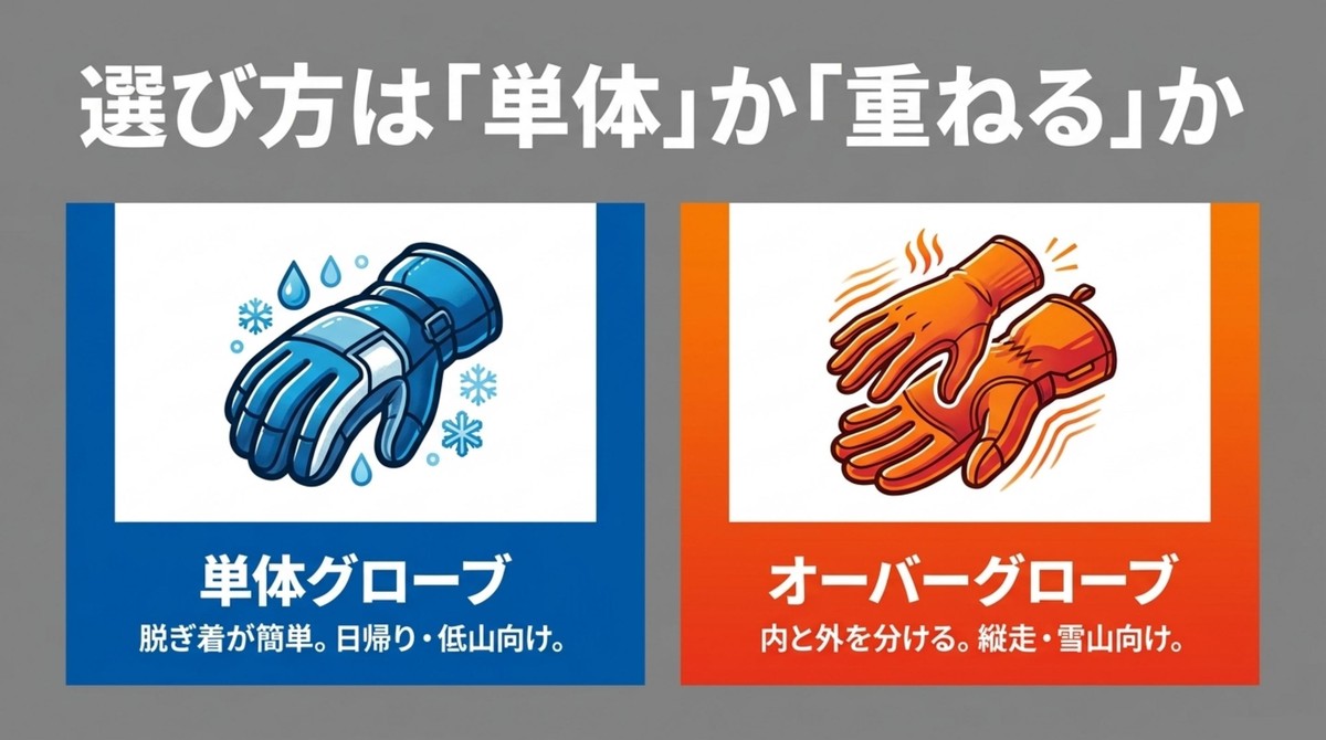 登山グローブは単体か重ねるかで選ぶ 単体グローブとオーバーグローブの違いを比較するスライド