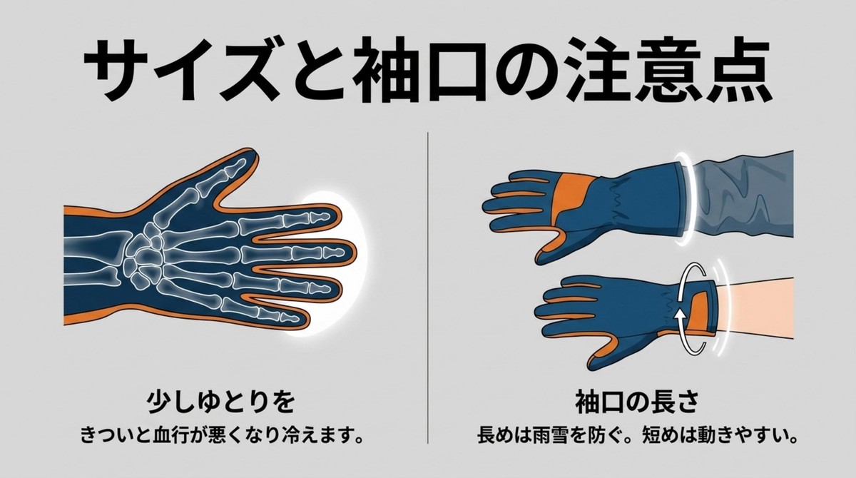 サイズと袖口で快適さが変わる 登山用防水グローブのサイズは少しゆとりを持たせ袖口の長さも確認することを示すスライド