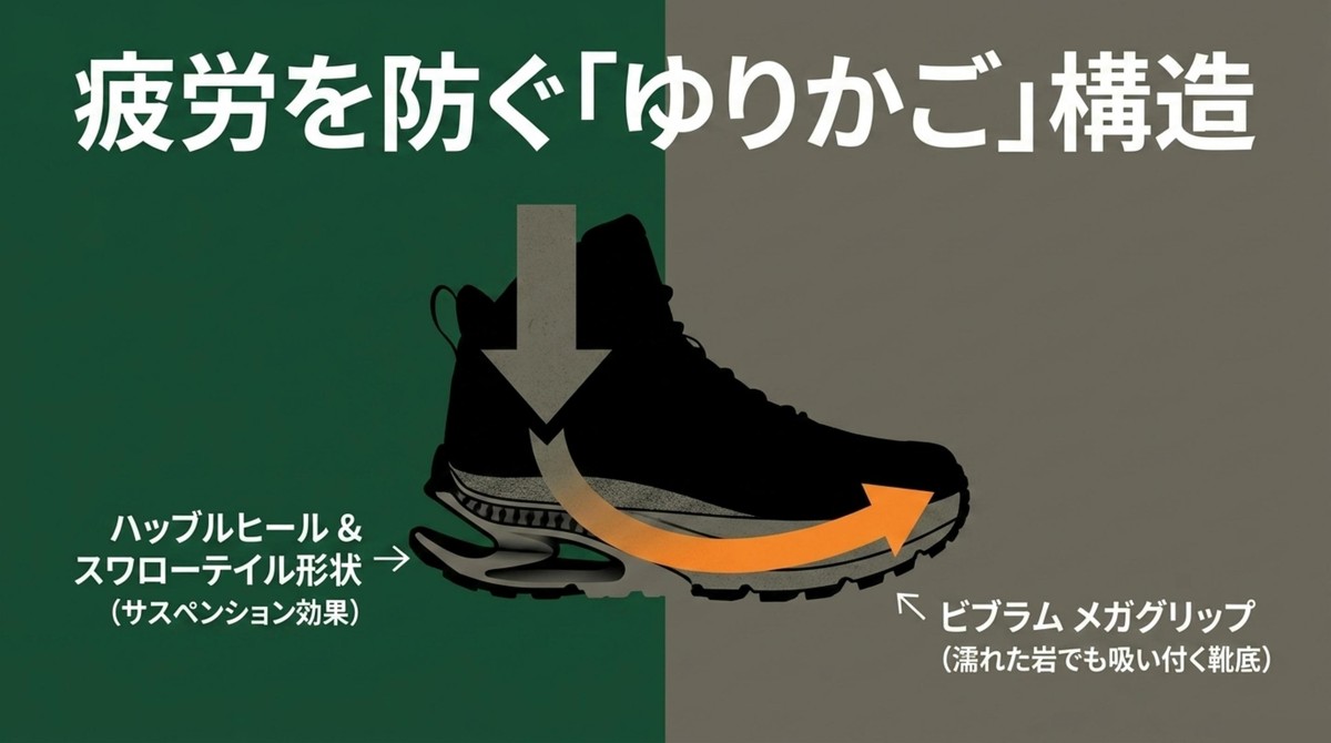 疲労を防ぐ「ゆりかご」構造 疲労を防ぐゆりかご構造とハッブルヒール、ビブラムメガグリップの靴底