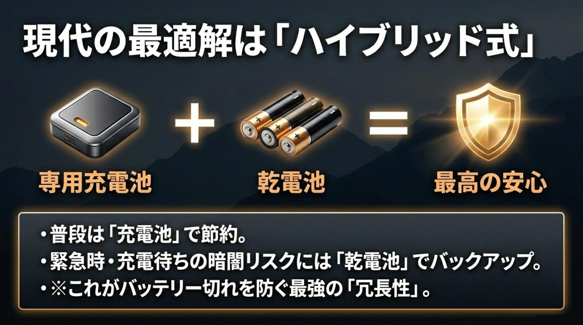 現代の最適解!安心のハイブリッド式とは? ハイブリッド式バッテリーのメリットを解説するスライド