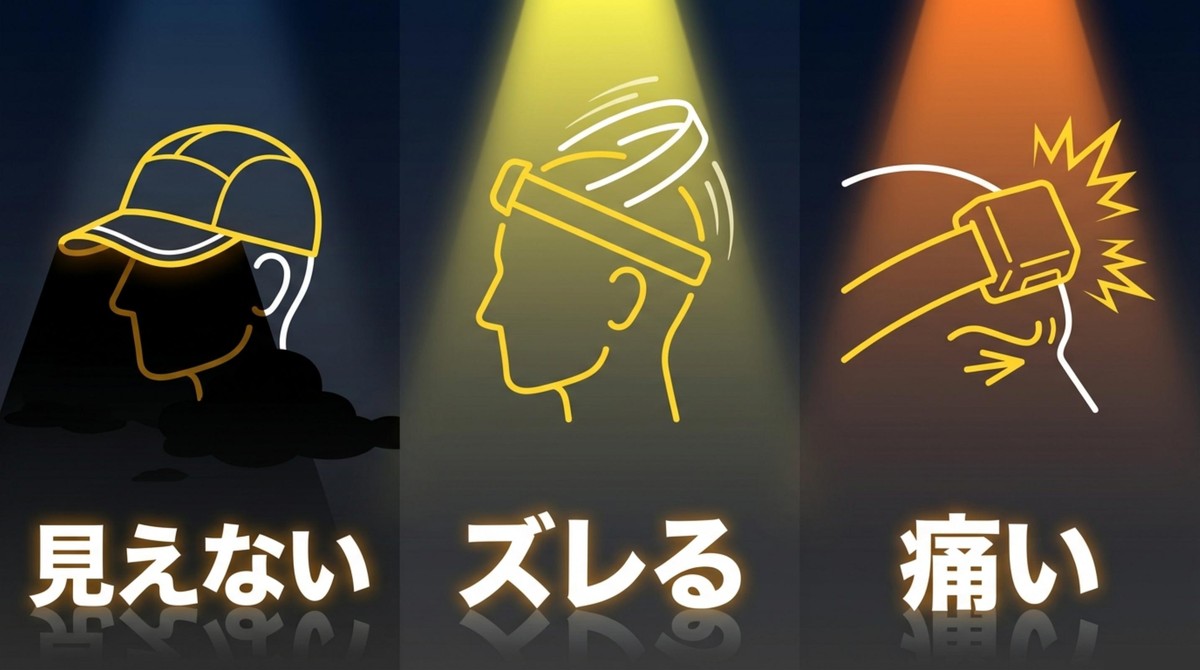 見えない・ズレる・痛い!頭周りの3大トラブル ヘッドライトと帽子を併用した際の見えない、ズレる、痛いという課題