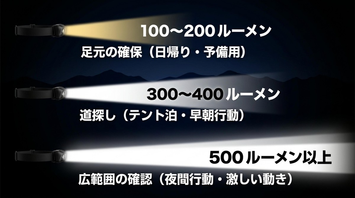用途別!必要な明るさ(ルーメン)の目安 100〜200ルーメン、300〜400ルーメン、500ルーメン以上の適切な用途